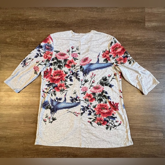 Quacker Factory Art To Wear Women Cardigan L Gray Floral Crane Bling Knit‎ D43 - Picture 1 of 6